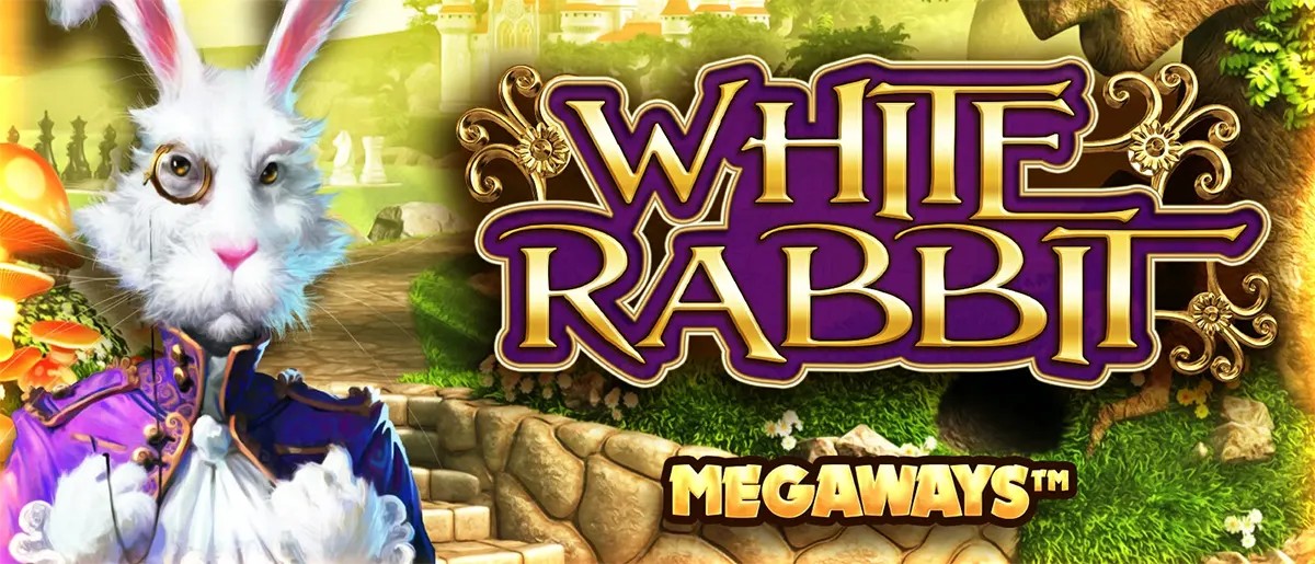 White Rabbit Megaways slot banner featuring a close-up white rabbit character in a purple coat, with ornate gold-and-purple “WHITE RABBIT” title text and a bright fantasy forest path and castle background.