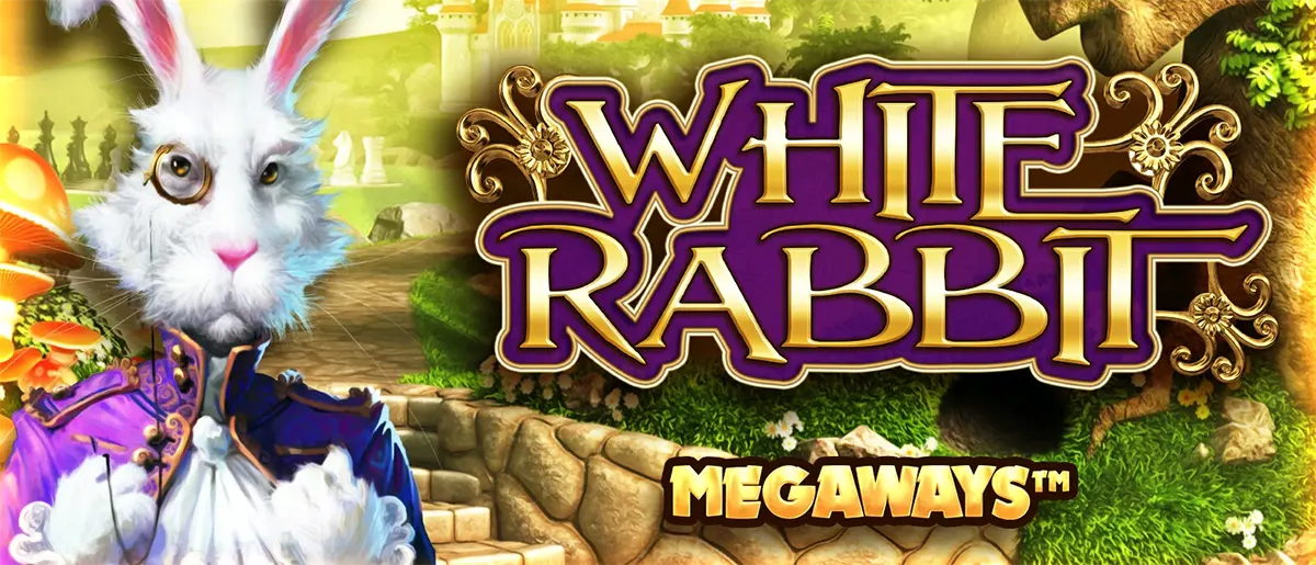 White Rabbit Megaways slot banner featuring a close-up white rabbit character in a purple coat, with ornate gold-and-purple “WHITE RABBIT” title text and a bright fantasy forest path and castle background.