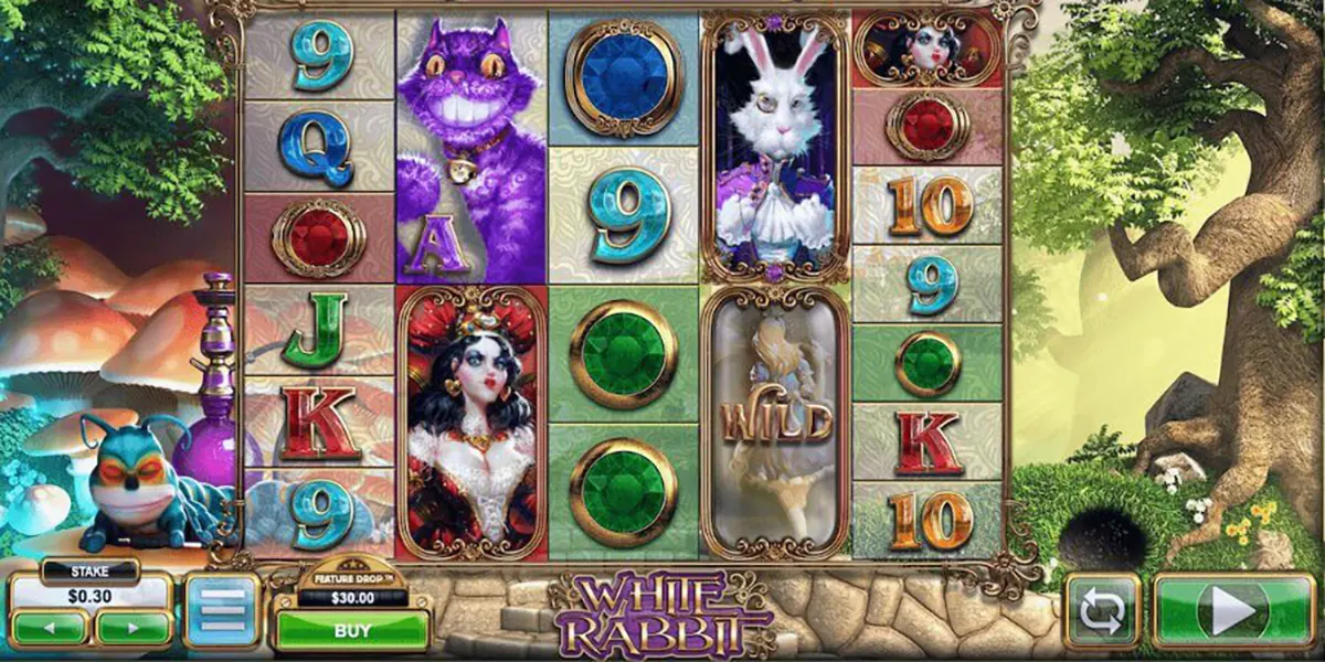 Gameplay screen of the White Rabbit slot showing tall reels with ornate tiles, a grinning purple cat, the white rabbit, a queen portrait, jewel symbols and a “WILD” feature, set against a fantasy forest and mushroom backdrop with the control panel below.